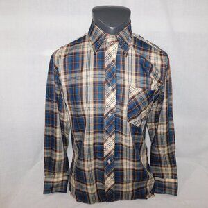 Vintage Van Heusen Mens M Blue Brown Tan Plaid Western Look Button Front Shirt